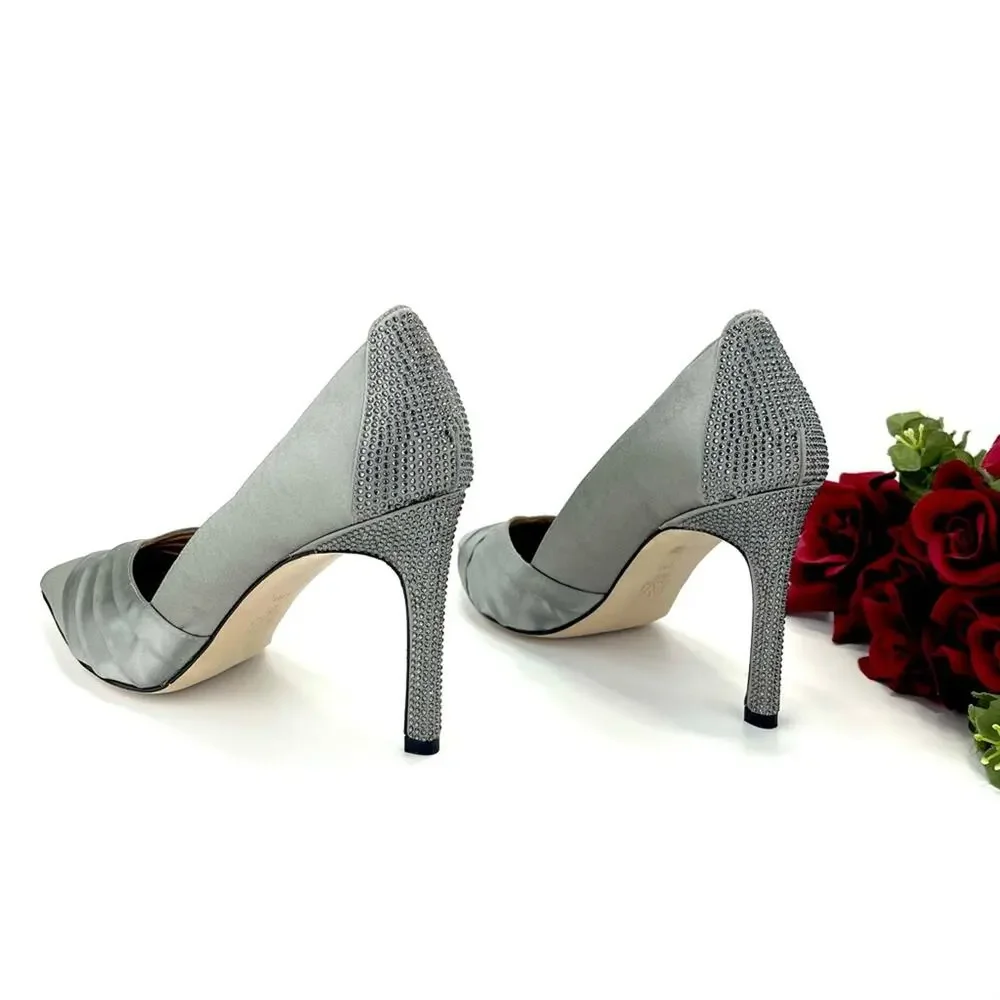 Pelle Moda Stiletto Pump Silver/Gray Satin Sparkly Rhinestone Along The Heel New